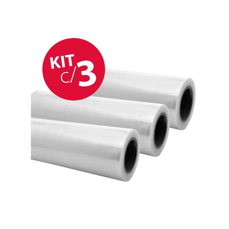 Kit 3 Rolos - Plástico Filme Stretch - 0,30 Micras - Cada Rolo C/ 300m